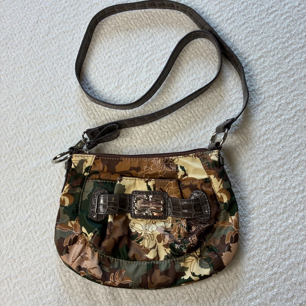 Sienna Ricchi Camo Floral Nylon Crossbody Bag Brown Green Faux Croc Trim Y2K